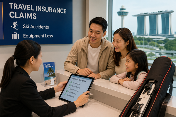 Family submitting ski travel insurance claim for accident or equipment loss at service counter in Singapore