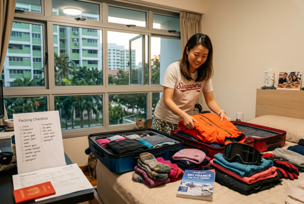 Traveler packing winter clothes and ski gear into suitcase with checklist for ski trip vacation abroad