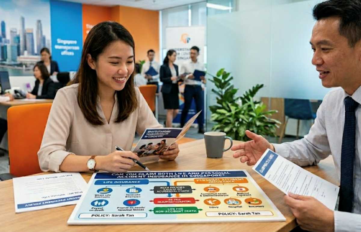 Woman consulting an insurance adviser in an office, reviewing life and personal accident policy details.