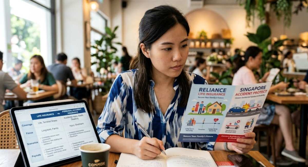 A woman studying the differences between life and personal accident insurance in a modern cafe setting.