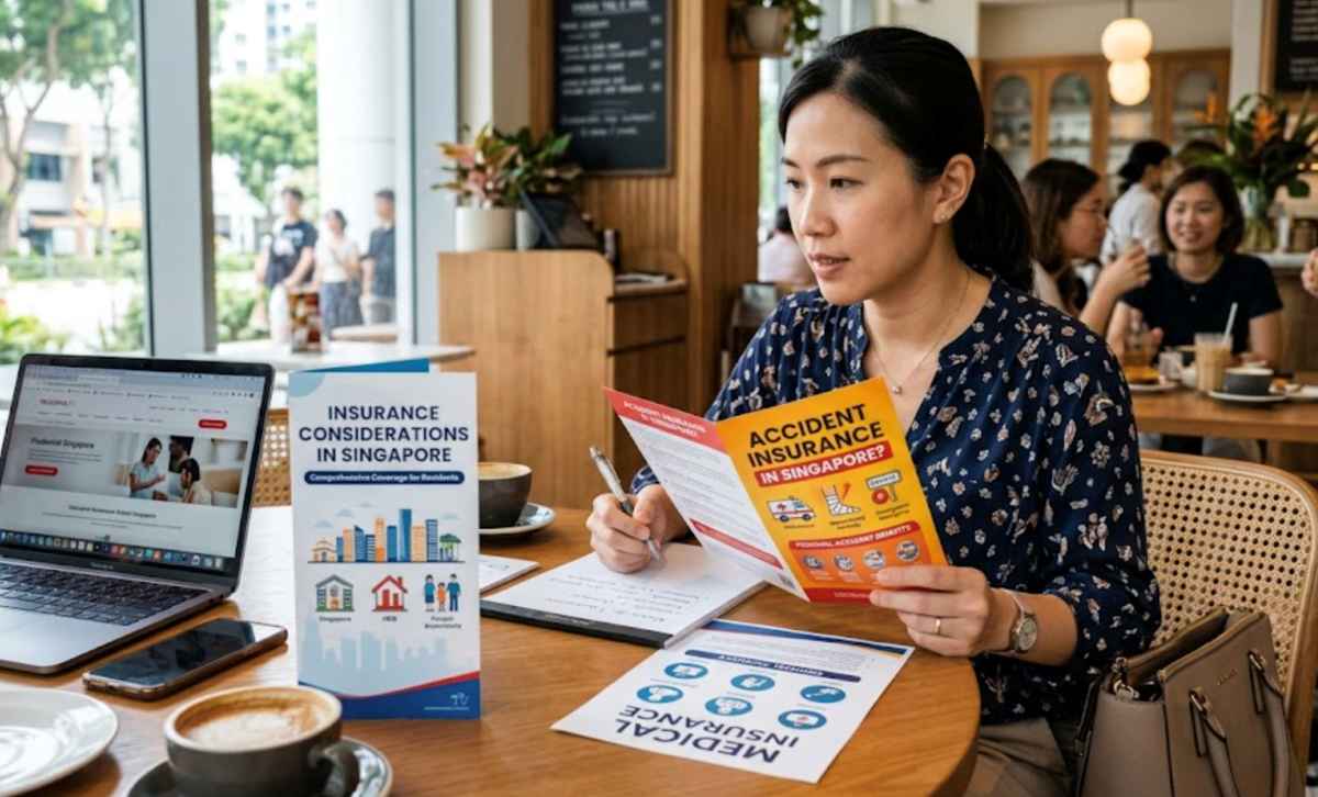 A professional woman evaluating insurance materials beside laptop and documents for personal finance review.