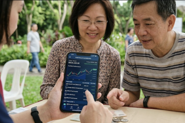Elderly couple evaluating unit trust investment returns on a digital portfolio app during a financial planning discussion.