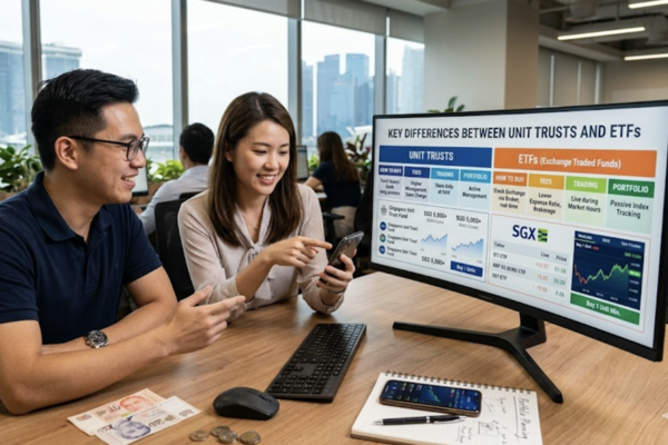 Two professionals seated at a table, analyzing a computer screen that highlights the differences between unit trusts and ETFs.