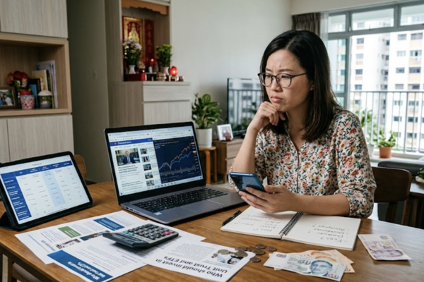 A woman working at a table with a laptop and phone, exploring information on unit trusts and ETFs.