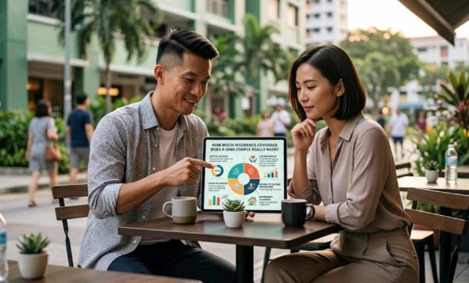 A man and a woman in a café use a tablet to research DINK couple insurance while discussing ideas.