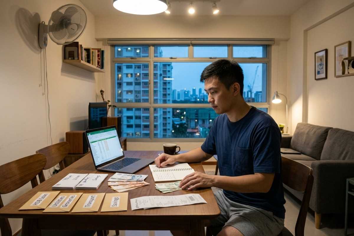 A man seated at a table with a laptop and documents, exploring the financial cost of being single.