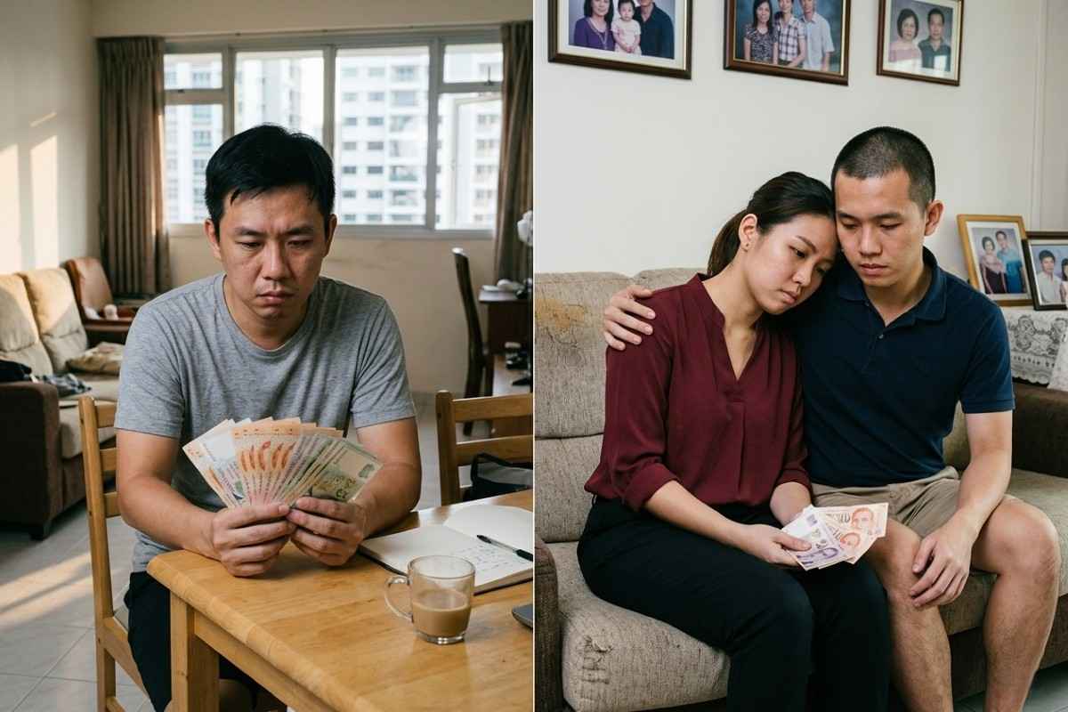 A man and woman on a couch hold money, illustrating the financial cost of being single versus being a couple.
