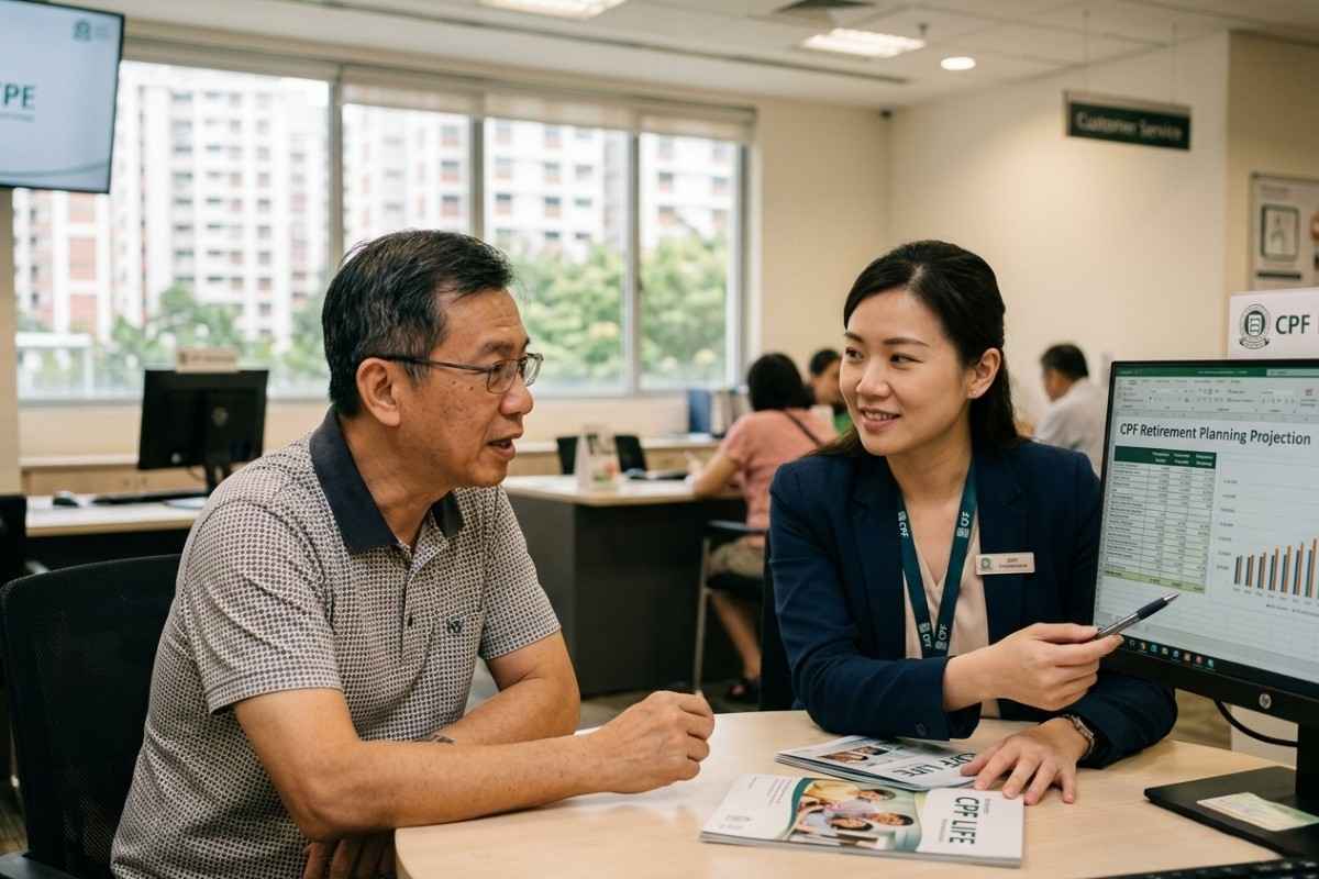 A middle-aged man and woman discuss the financial cost of being single while planning for retirement on a computer.