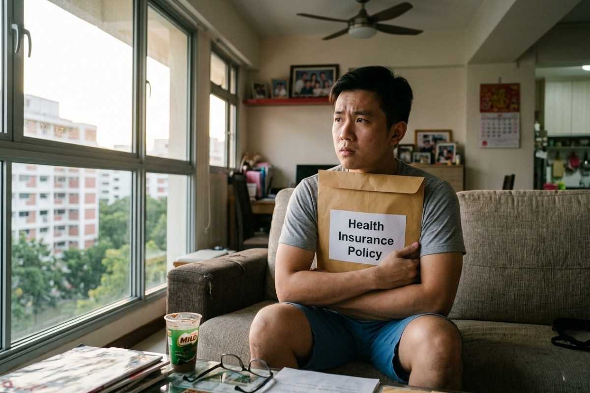 A man on a couch holds a sign reading 'Health Insurance Policy,' reflecting on the financial cost of being single.