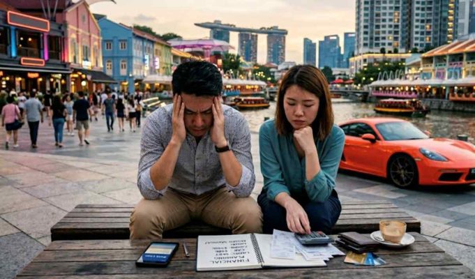Financially stressed couple managing bills and debt, illustrating serious financial mistakes.