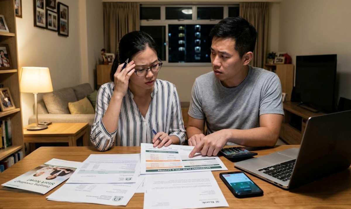 A young couple facing financial mistakes as rising bills and debt create stress at home.