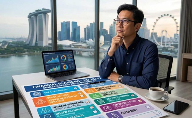 A businessman working at a desk on a laptop, reviewing a financial planning checklist while analysing key business information.