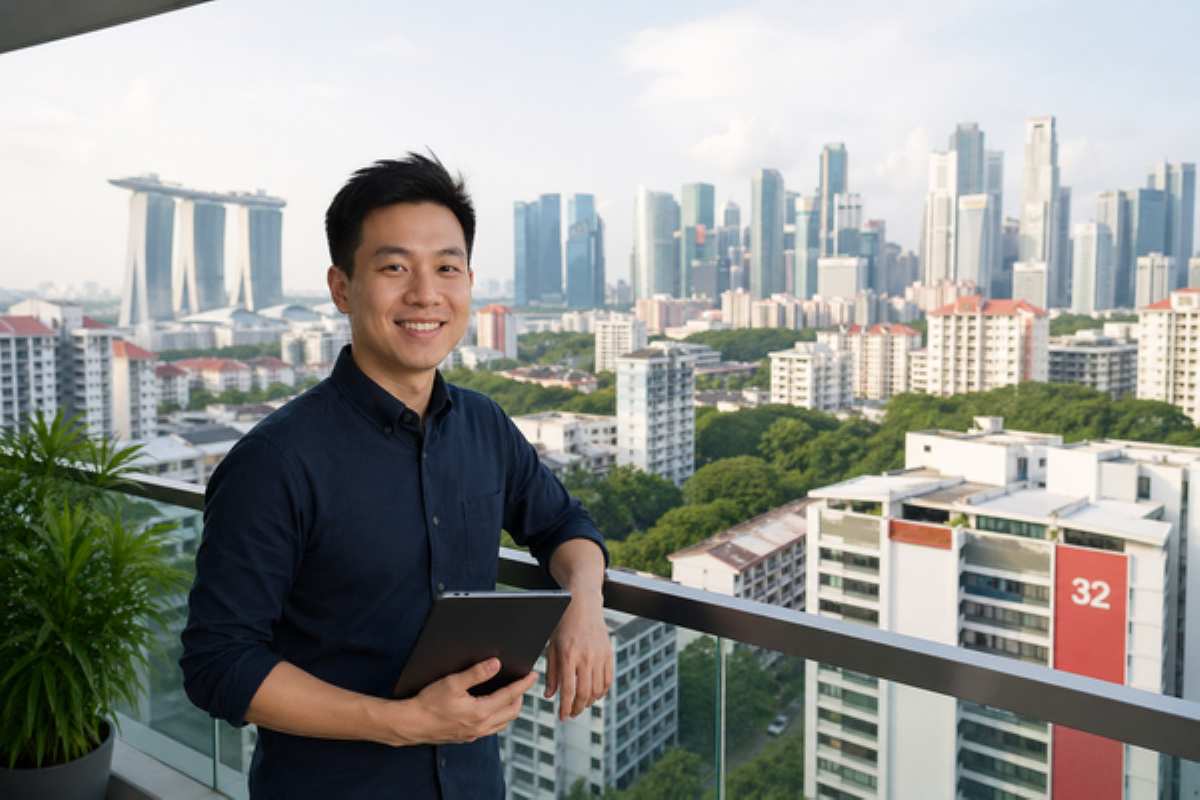 Man holding a tablet on a balcony overlooking Singapore HDB flats, referencing an HDB flat after the owner dies