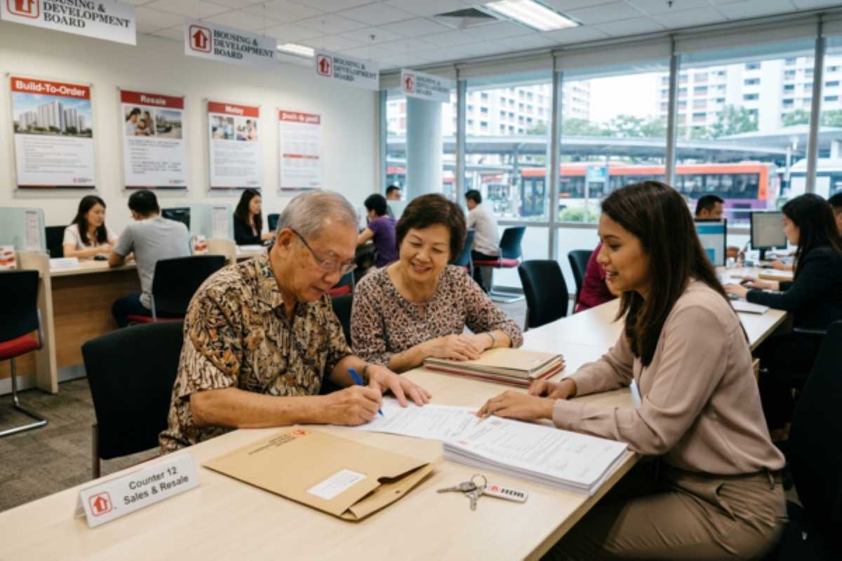 Elderly couple signing paperwork for an HDB flat after the owner changes