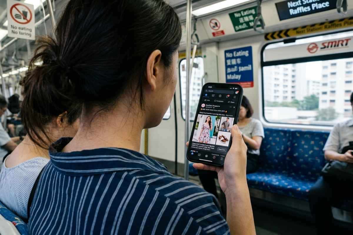 Woman on an SMRT train viewing a social media shopping ad on her phone, illustrating how technology changed spending habits in Singapore through mobile commerce and on-the-go online shopping.