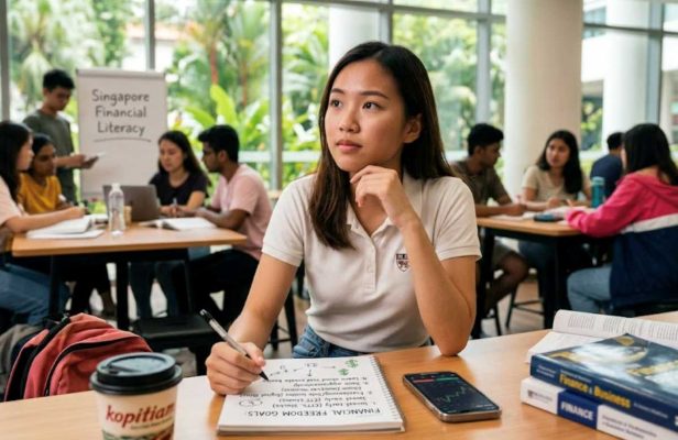 Student studying finance goals and how to build wealth with books and trading app