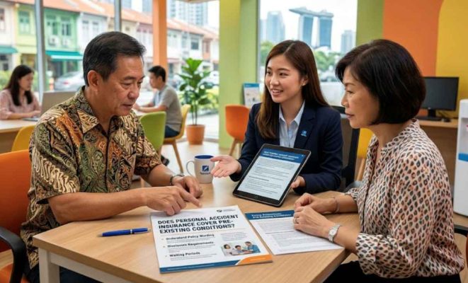 An elderly couple analysing personal accident insurance coverage and checking if it includes pre-existing conditions.