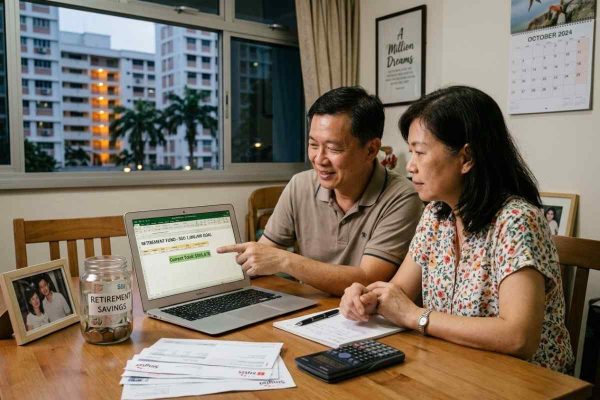 Couple reviews retirement planning Singapore goals with a savings spreadsheet, bills, and calculator at home