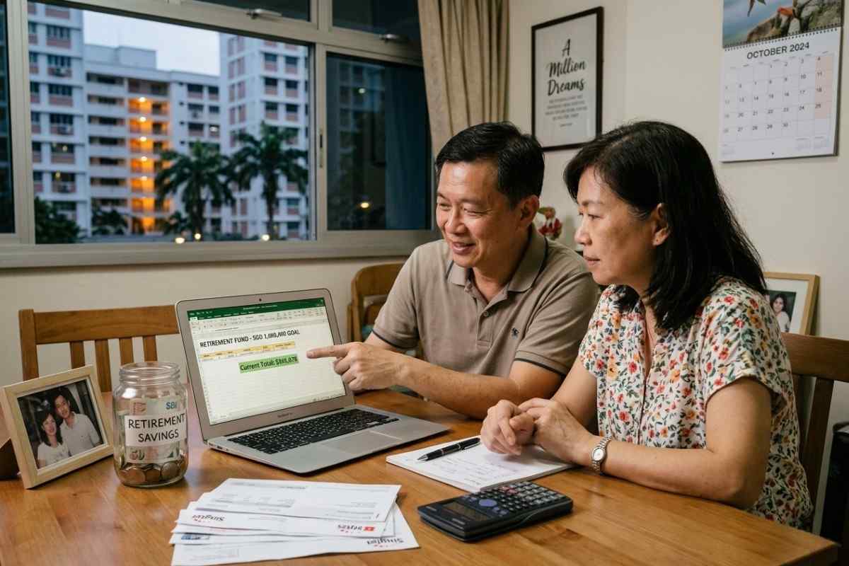 Couple reviews retirement planning Singapore goals with a savings spreadsheet, bills, and calculator at home