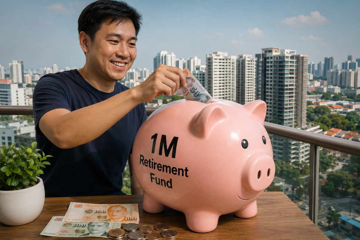 Man adds Singapore dollars to a S$1 million piggy bank for retirement planning Singapore