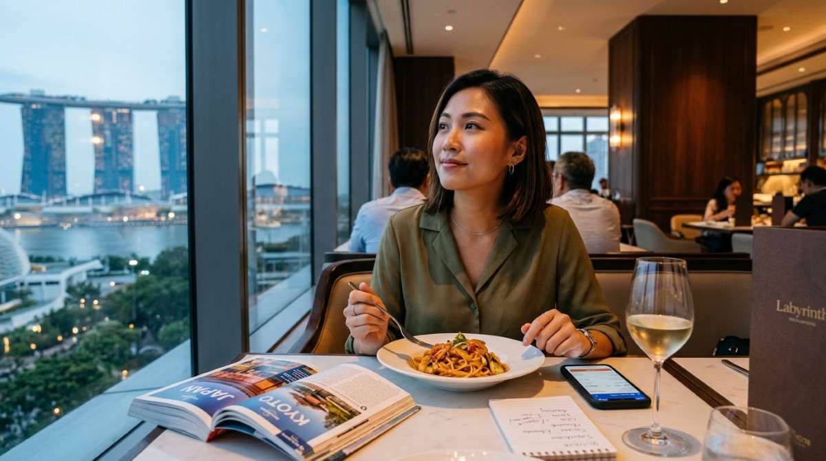 Woman dining in Singapore while reviewing lifestyle costs for retirement planning Singapore