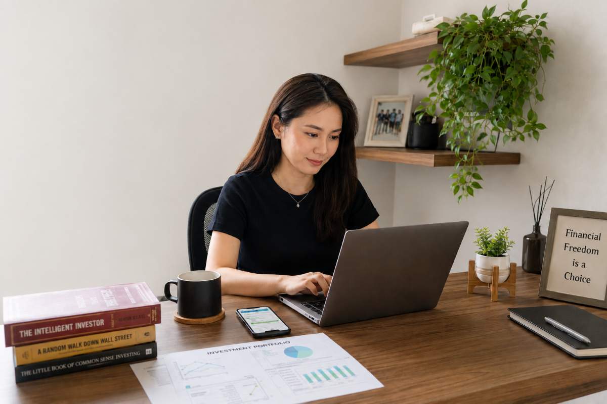 Woman reviews an investment portfolio and finance books for retirement planning Singapore