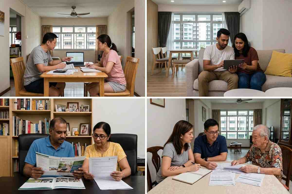 Singapore families discuss financial goals and documents for retirement planning Singapore at home