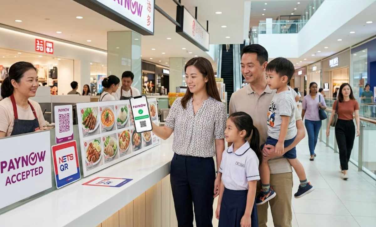 Family using PayNow cashless payment at a Singapore mall food court while teaching children about the value of money