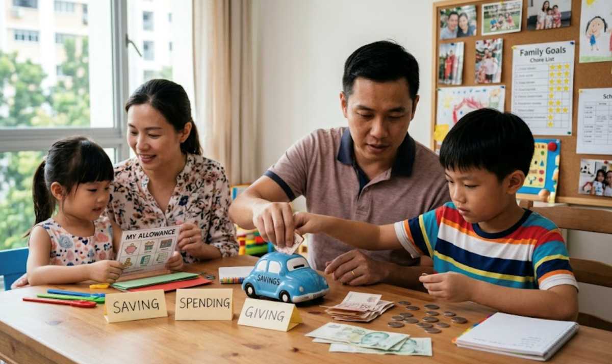 Parents teaching children the value of money with savings, spending, and giving lessons at home in Singapore
