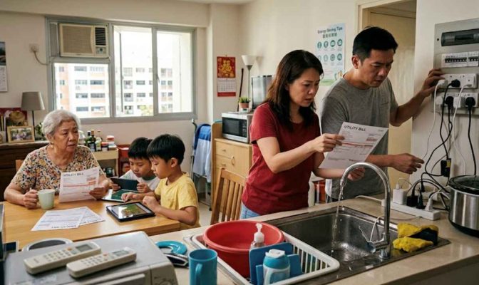 Homeowners reading a utility bill while checking plugs for possible utility mistakes
