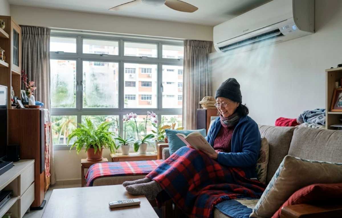 Elderly woman staying warm under an air conditioner, showing everyday utility mistakes