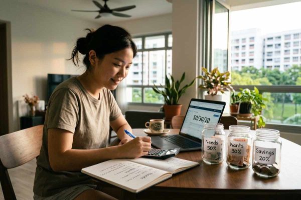 A woman working on her laptop at home, focused on money management tasks and financial planning.