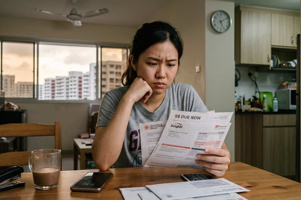 A woman sitting at a table with a paper and phone, focused on money management tasks.