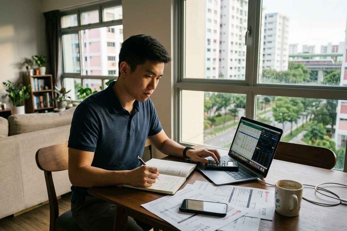 A man sitting at a table with a laptop and papers, focused on money management tasks.