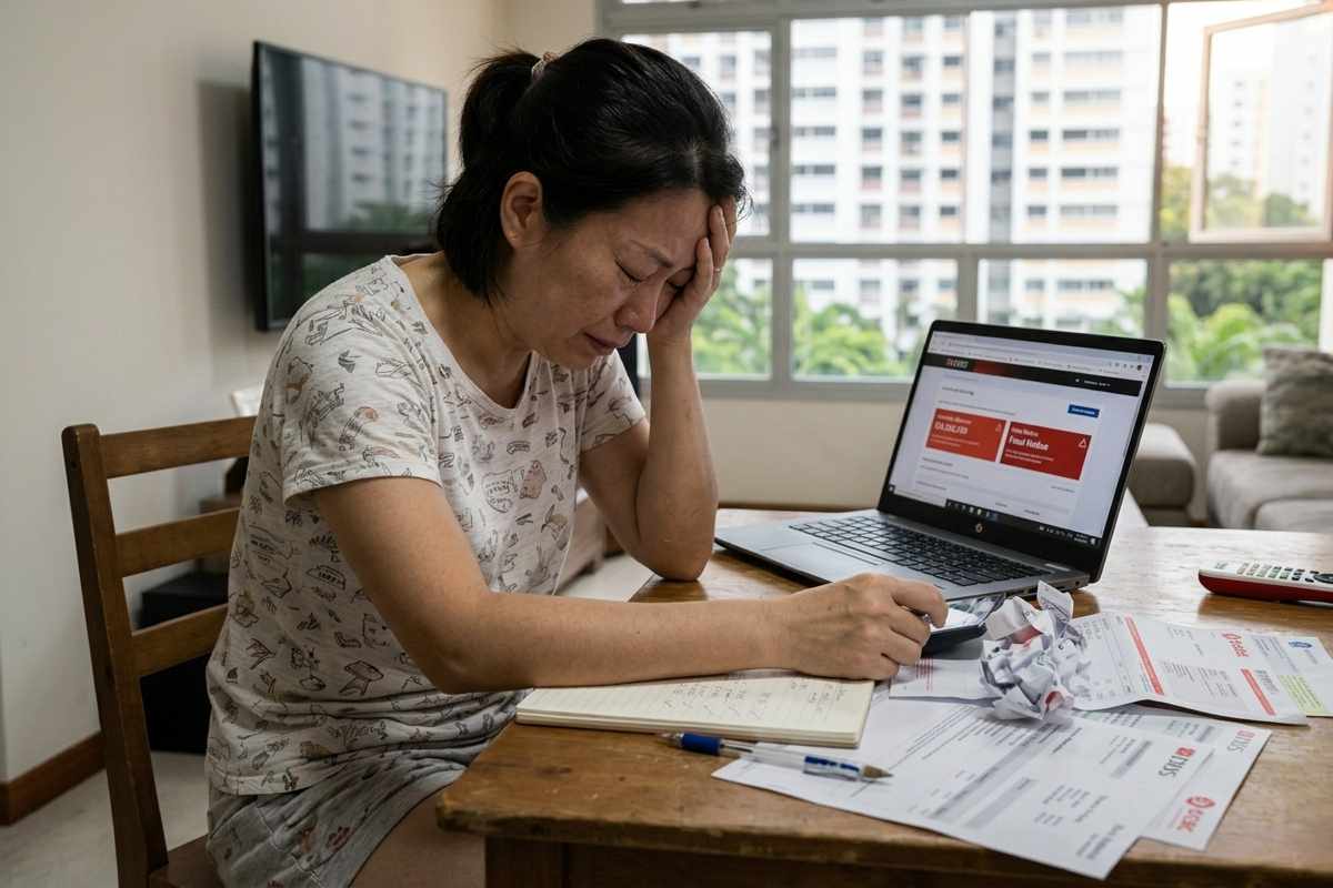 A woman at a table with a laptop and papers, focused on money management tasks.