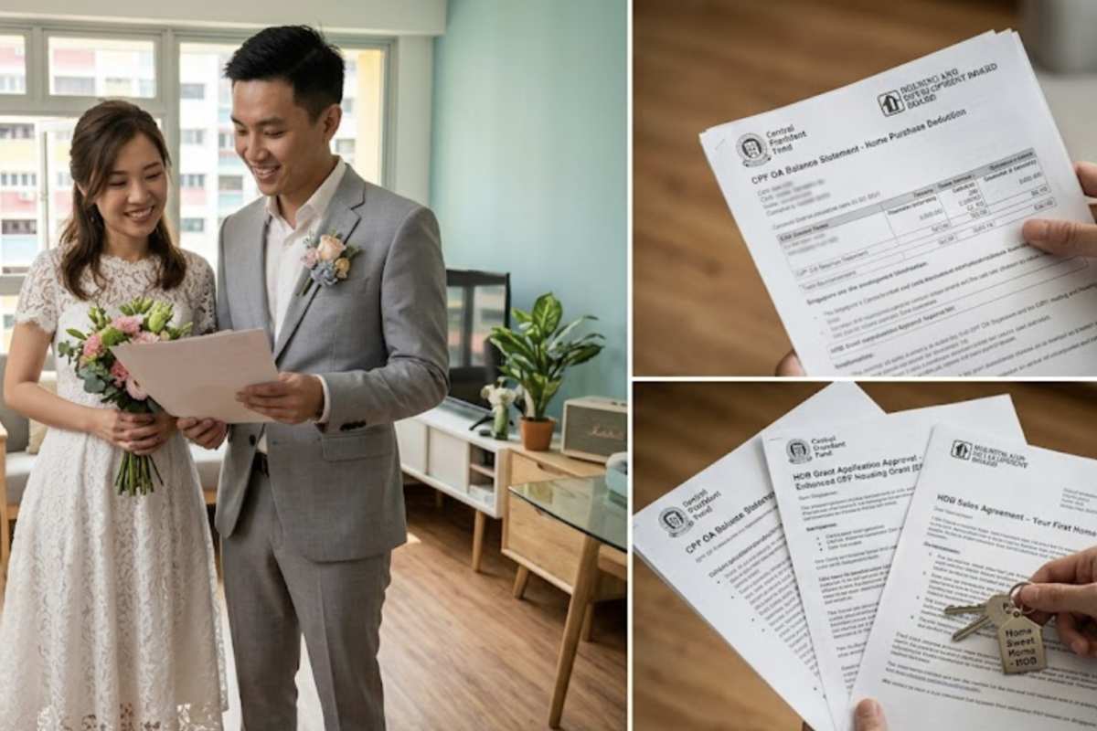 Newlyweds reviewing CPF statements and HDB Grants approval for their HDB flat