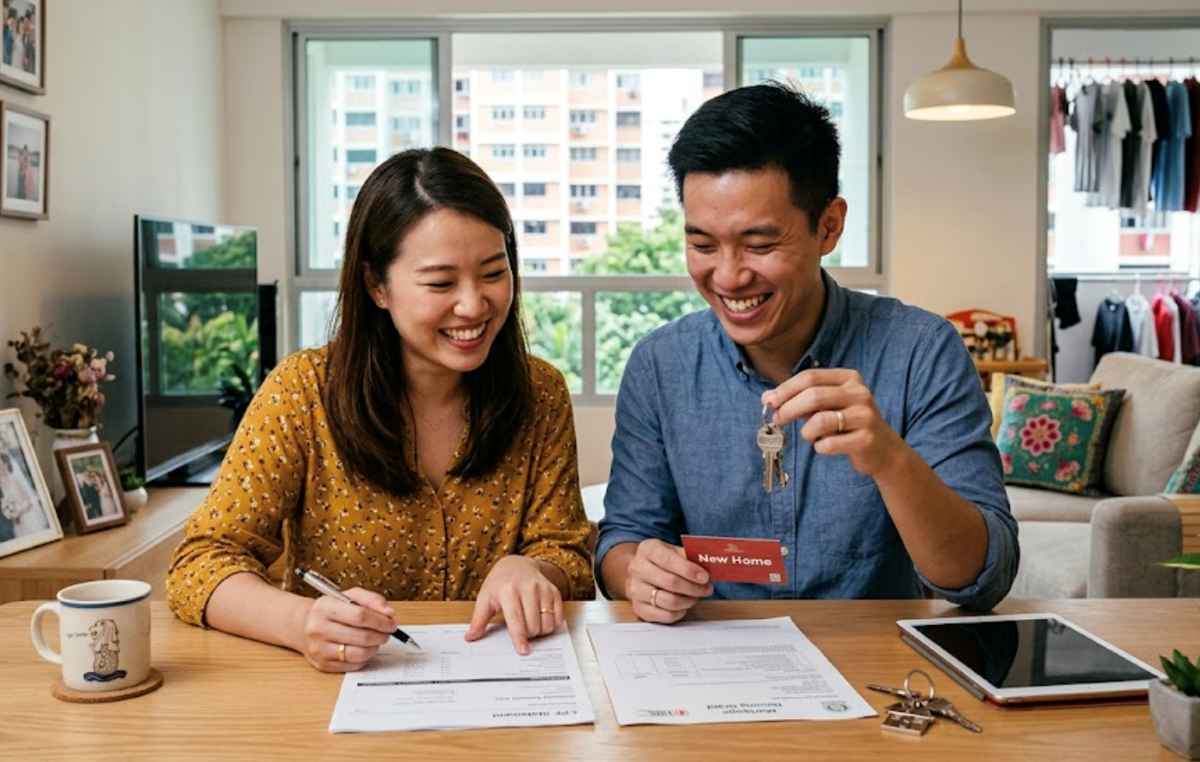 Happy couple signing home purchase paperwork with CPF savings and HDB Grants support