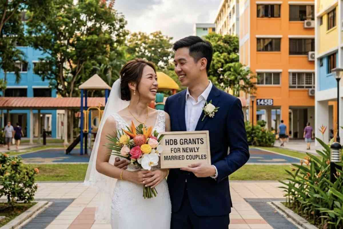 Married couple celebrating their new HDB flat with CPF support and HDB Grants
