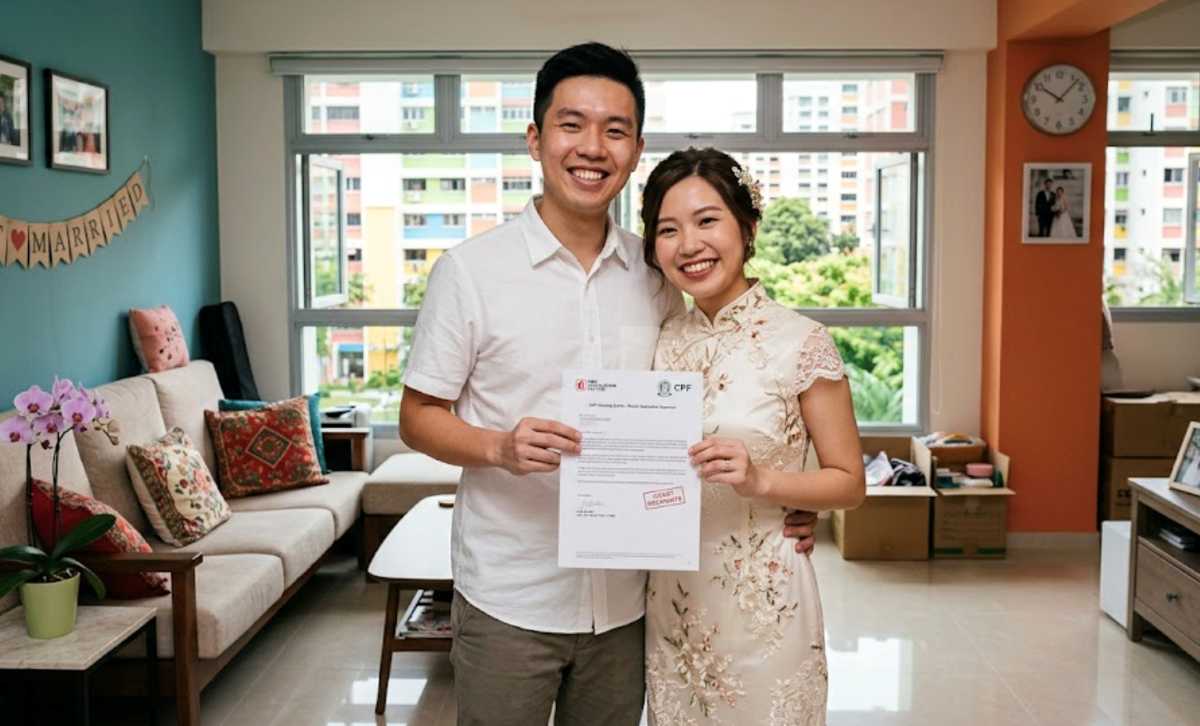 Singapore newlyweds showing home approval paperwork for CPF use and HDB Grants