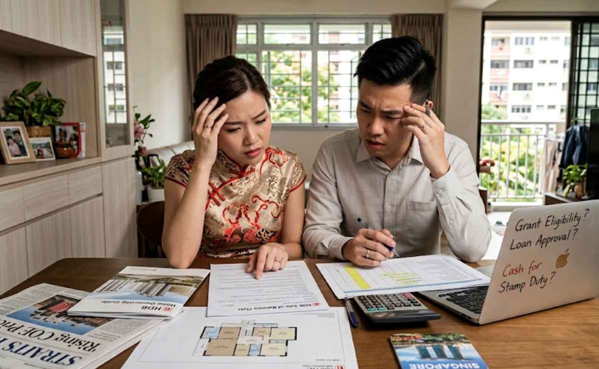 A stressed newlywed couple reviewing CPF, HDB Grants, loan approval, and stamp duty for a flat purchase