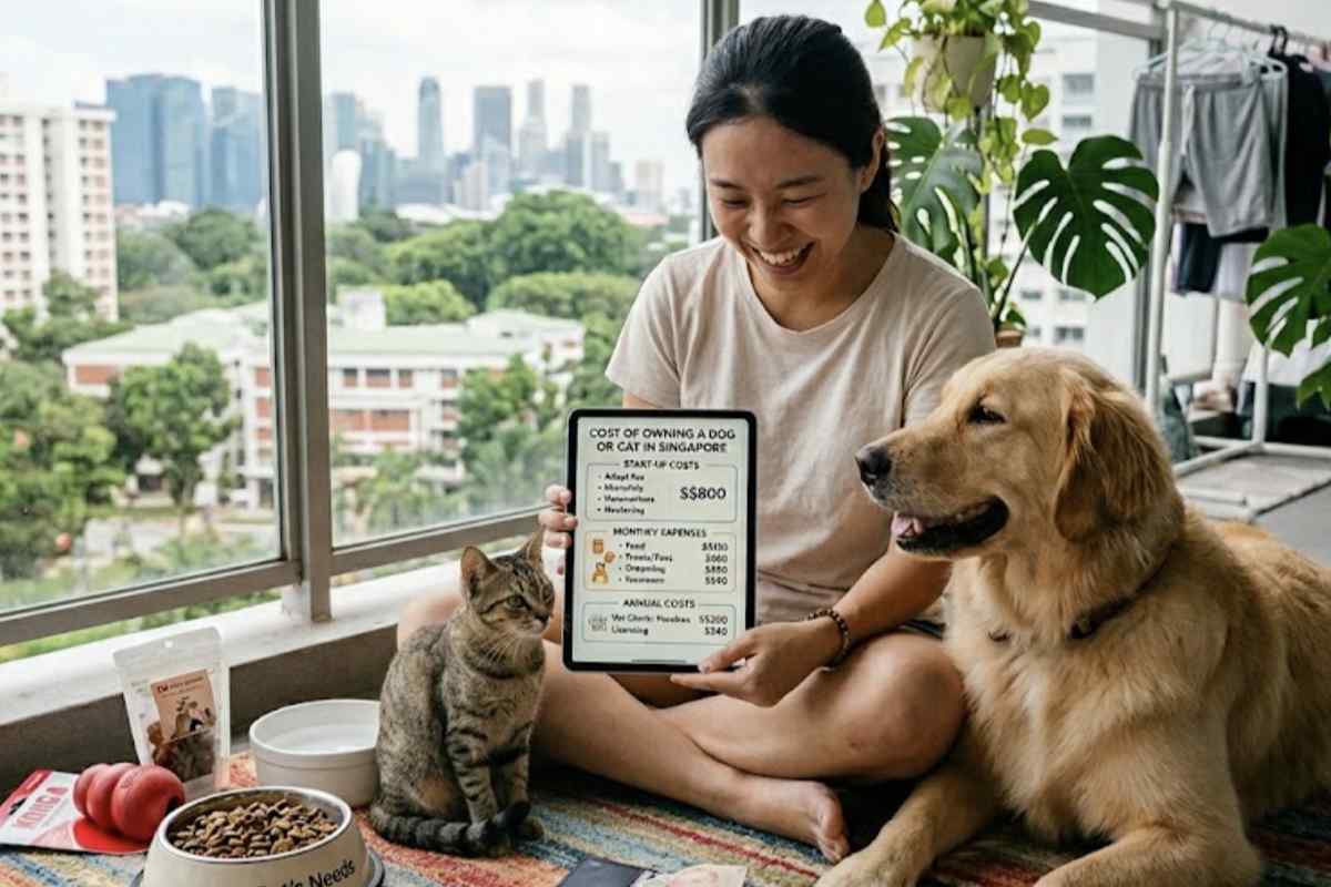 Woman in Singapore reviewing the cost of owning a dog or cat using her tablet at home