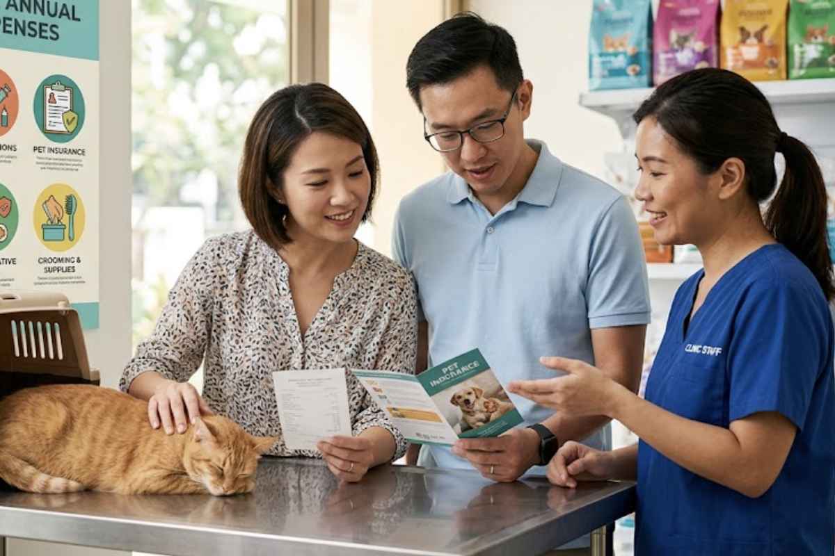 Couple discussing the cost of owning a dog or cat with a vet during a pet check-up