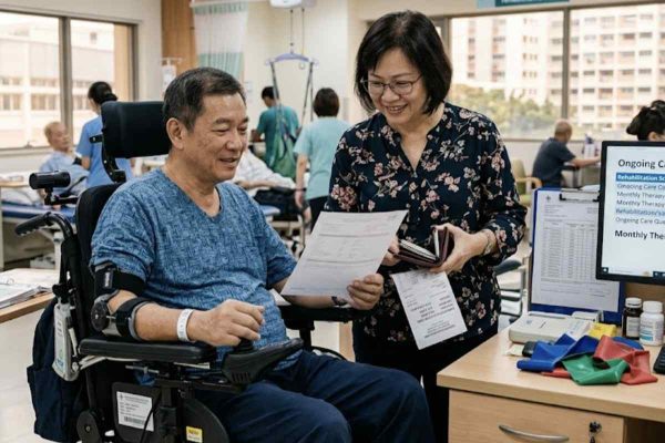A man in a wheelchair reviewing medical documents with a caregiver while discussing disability income insurance and critical illness coverage