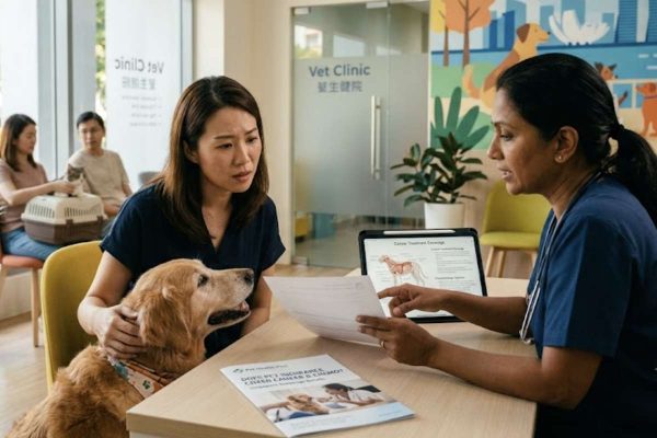 Pet owners discussing treatment options with a veterinarian at a Singapore clinic while reviewing how pet insurance cover cancer can help with medical costs.