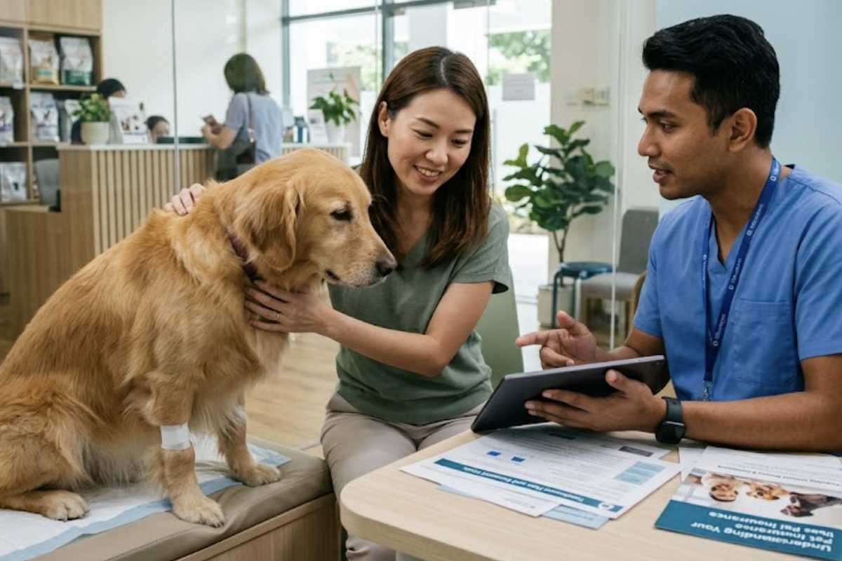 Dog owner meeting with a vet in a Singapore clinic to review recovery plans and how pet insurance cover cancer costs.