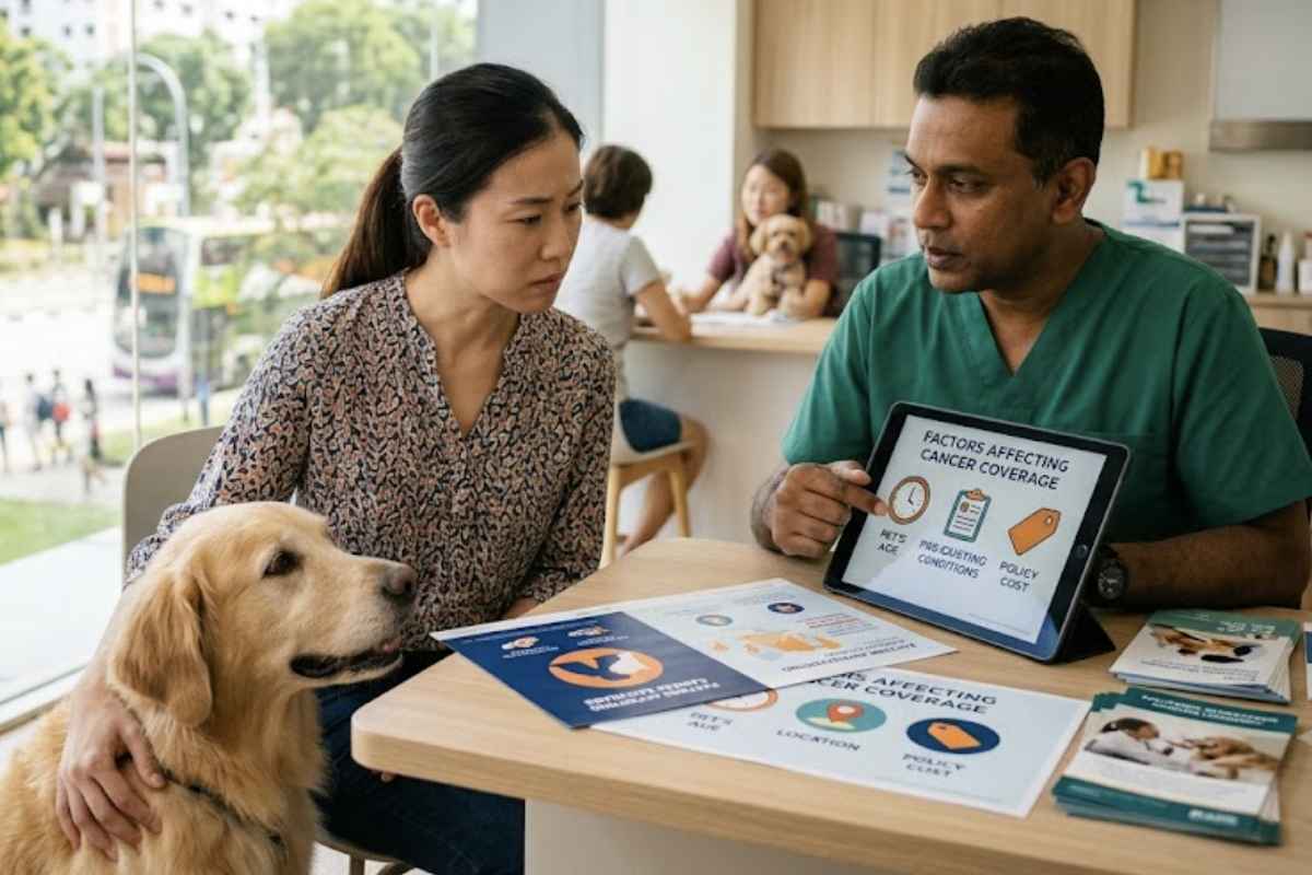 A veterinarian using a tablet to explain coverage options to a pet owner seeking pet insurance cover cancer treatment and ongoing care.