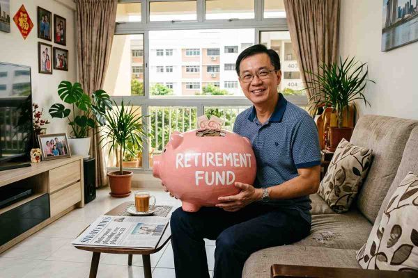 Man holding a retirement fund piggy bank at home while planning how to save for retirement as a freelancer