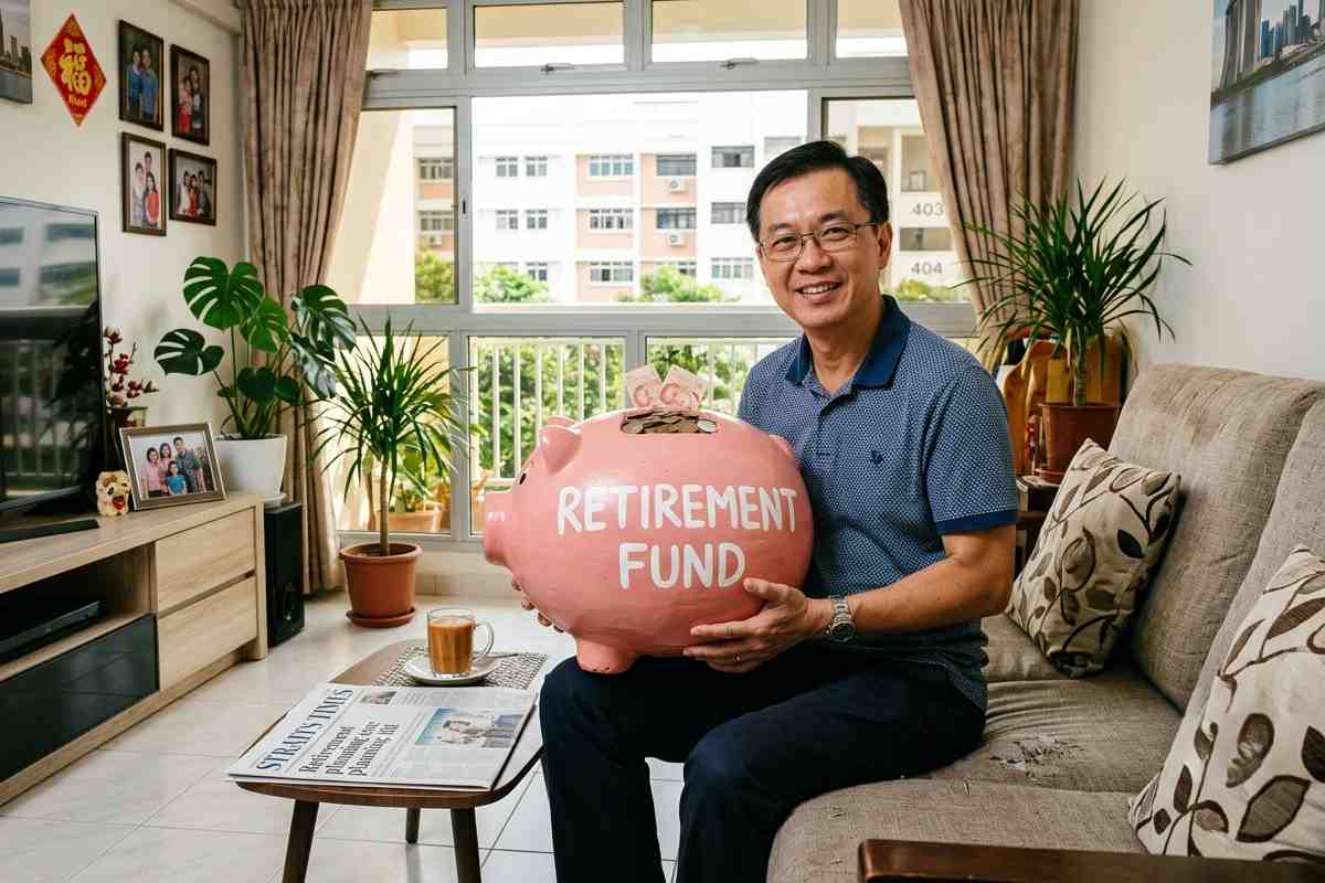 Man holding a retirement fund piggy bank at home while planning how to save for retirement as a freelancer