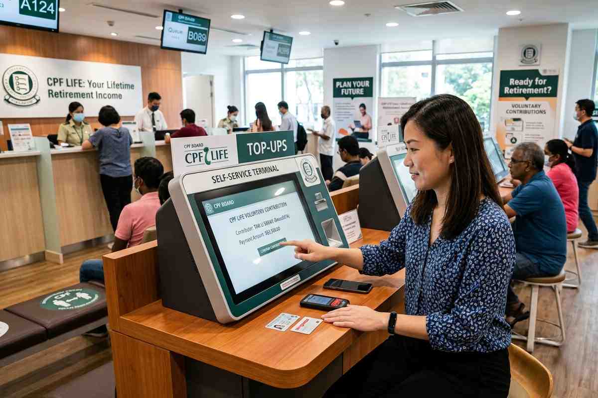 Woman using a CPF LIFE self-service kiosk as part of how to save for retirement as a freelancer in Singapore