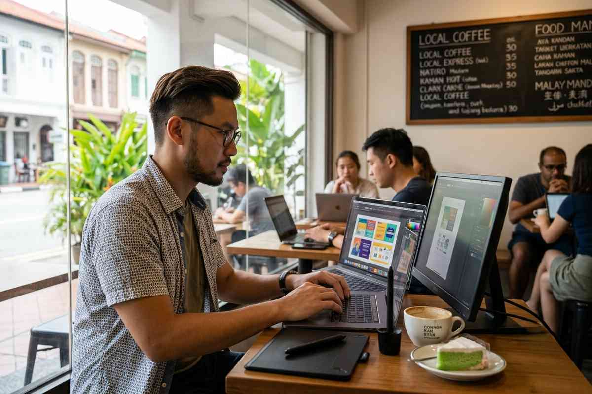 Freelancer working on a laptop in a café while building a long-term plan on how to save for retirement as a freelancer